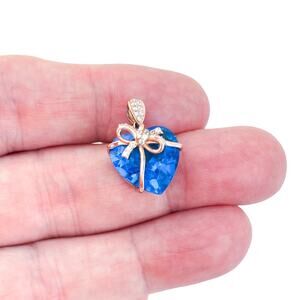 Rose Gold Tone Blue Cubic Zirconia Heart Pendant | Vintage Sterling Silver 925